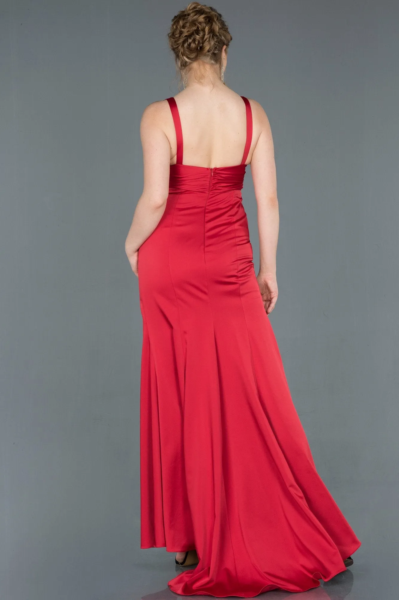 16914 Red Draped Wrap Skirt Satin Slit Dress