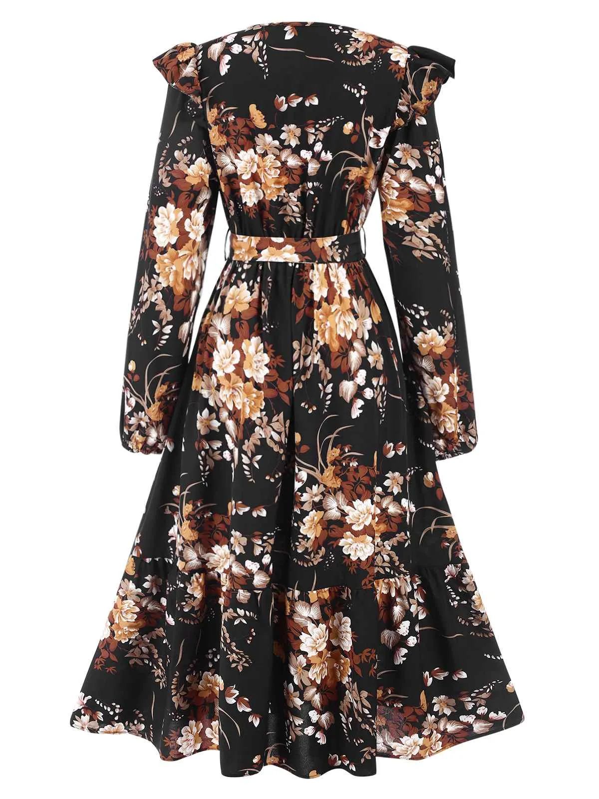 1940s Floral Print V-Neck Wrap Long Sleeve Dress