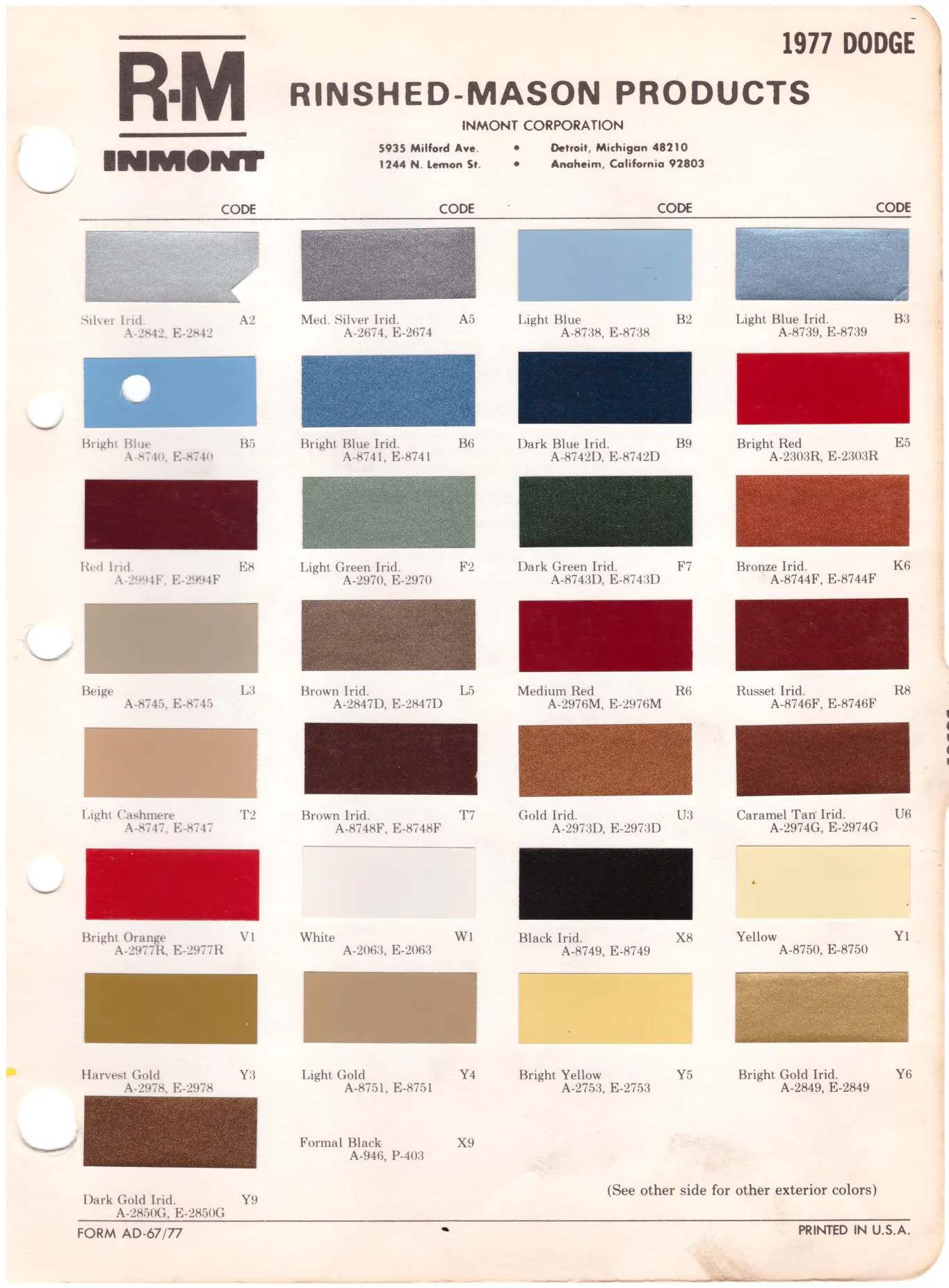 1970's Dodge Paint Colors