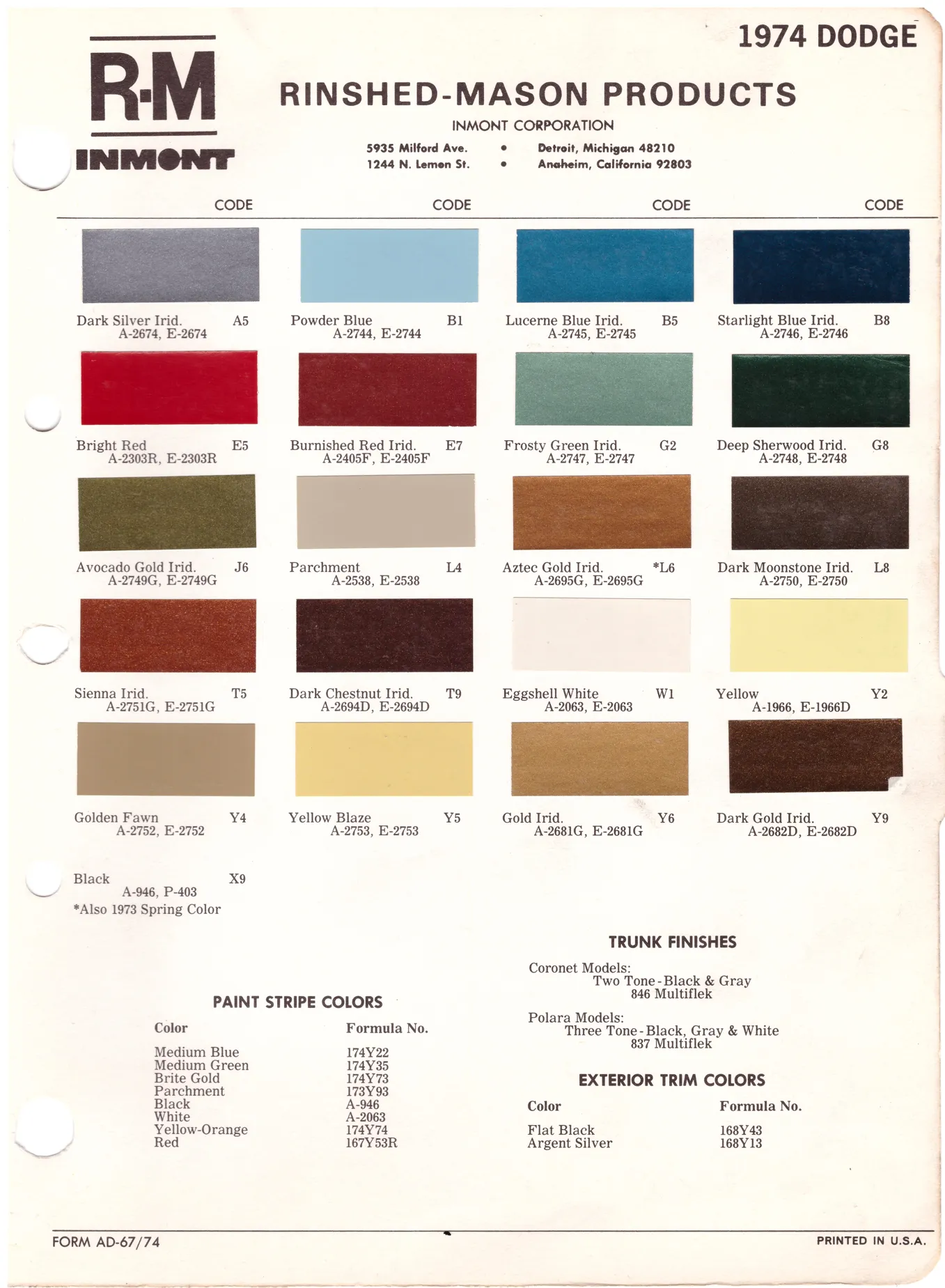 1970's Dodge Paint Colors