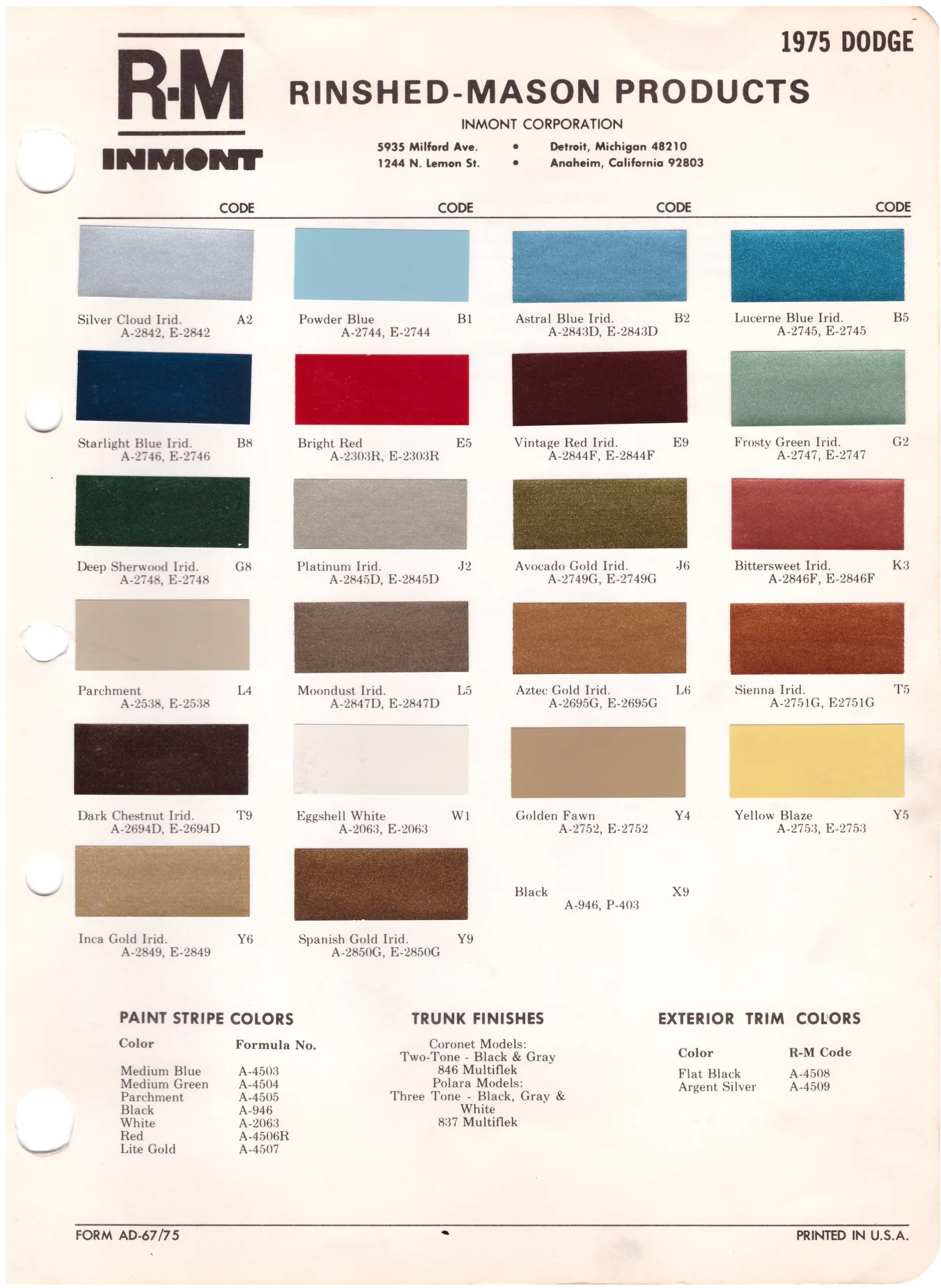 1970's Dodge Paint Colors