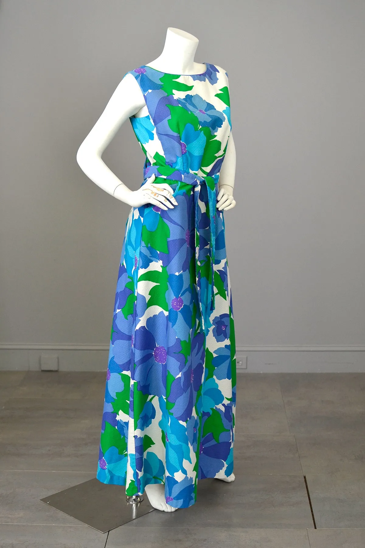 1970s Malia Honolulu Purple Blue Green Hawaiian Floral Print Wrap Around Maxi Dress with pockets