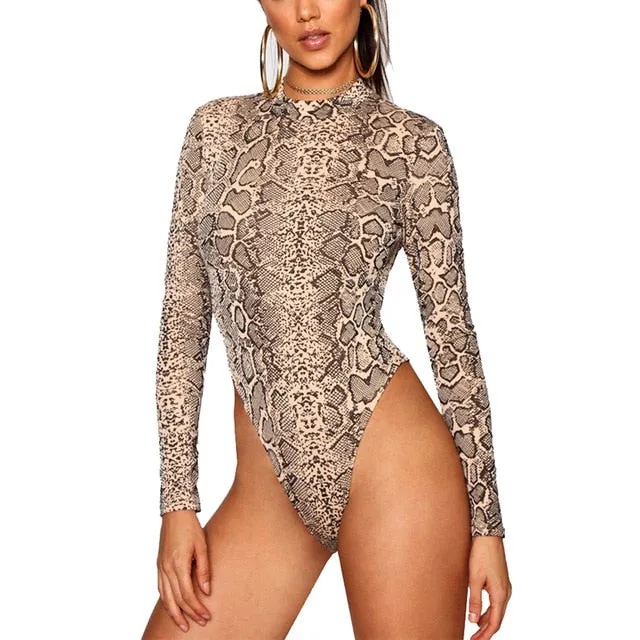 2021 Sexy Female Snake Print One Piece Swimsuit Long Sleeve Bodysuit Swimwear Sizes S - 2XL