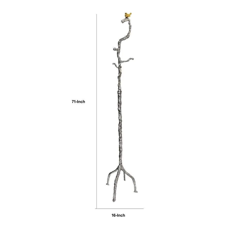 71 Inch Modern Aluminum Coat Stand, Branch Accent, Perched Bird, Silver By Casagear Home