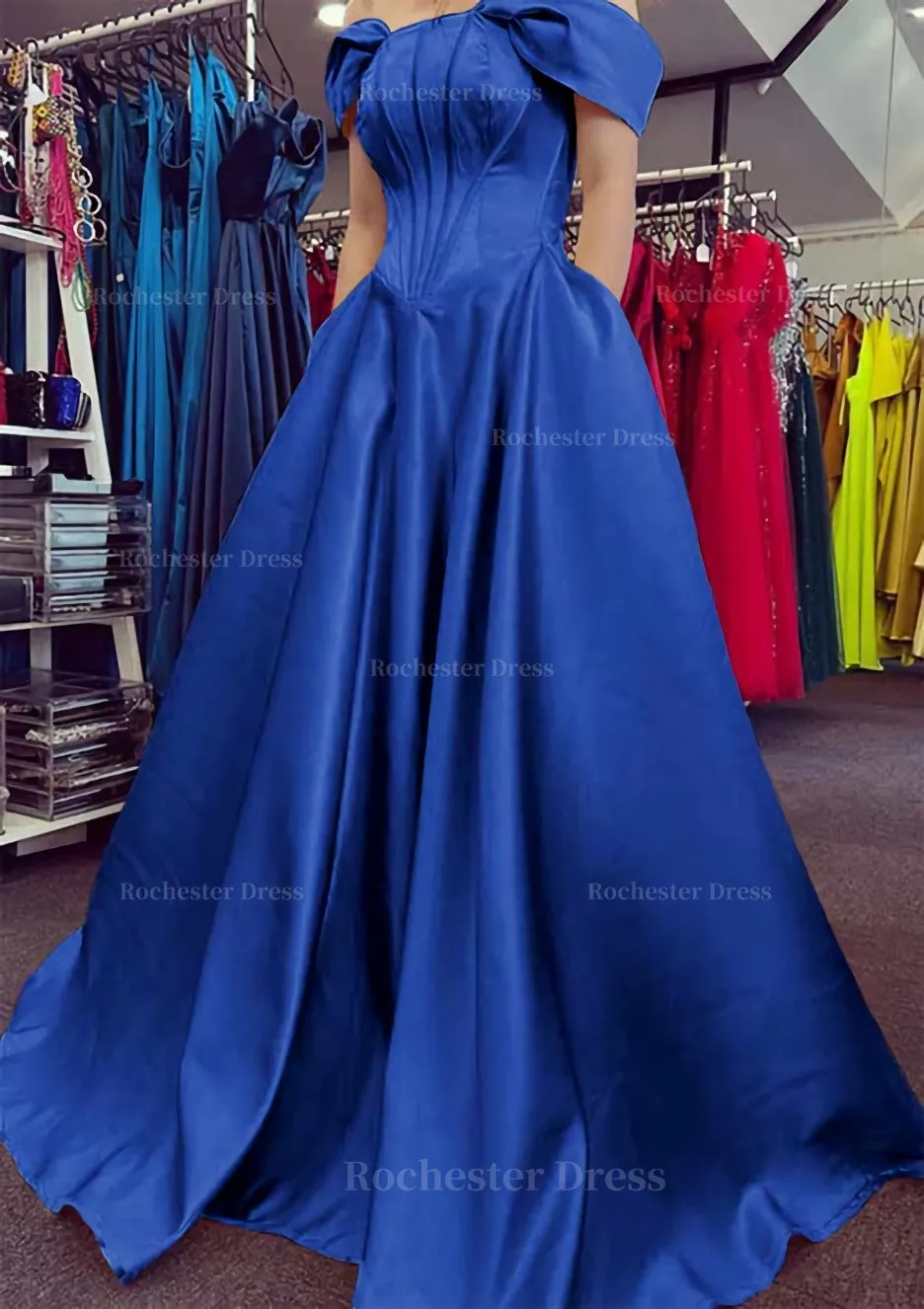 A-line Off-the-Shoulder Strapless Long/Floor-Length Satin Prom Dress With Pleated Pockets