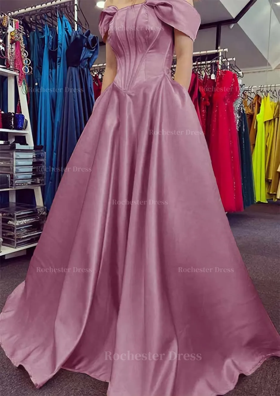 A-line Off-the-Shoulder Strapless Long/Floor-Length Satin Prom Dress With Pleated Pockets