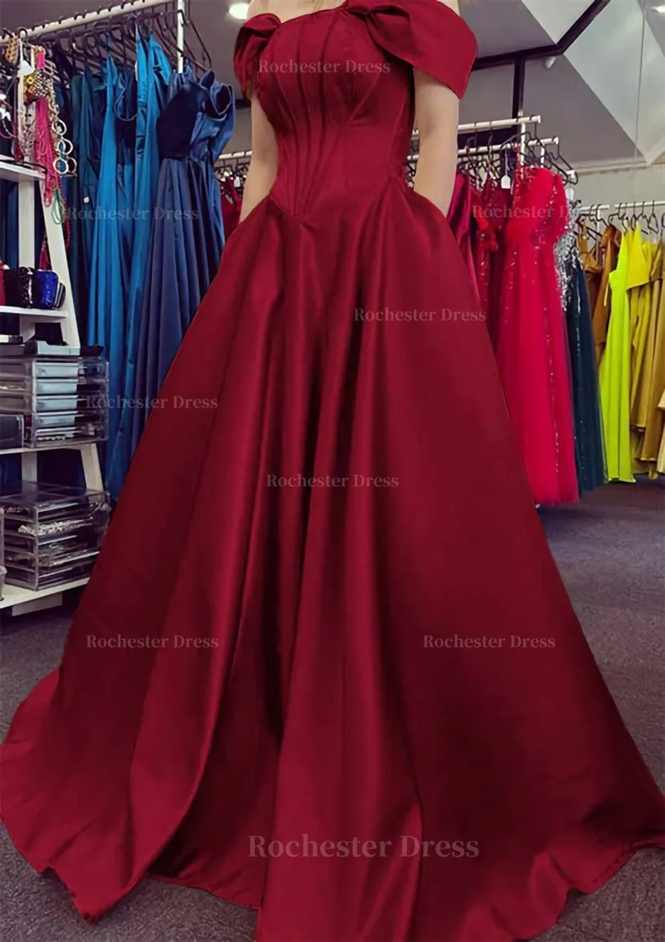 A-line Off-the-Shoulder Strapless Long/Floor-Length Satin Prom Dress With Pleated Pockets