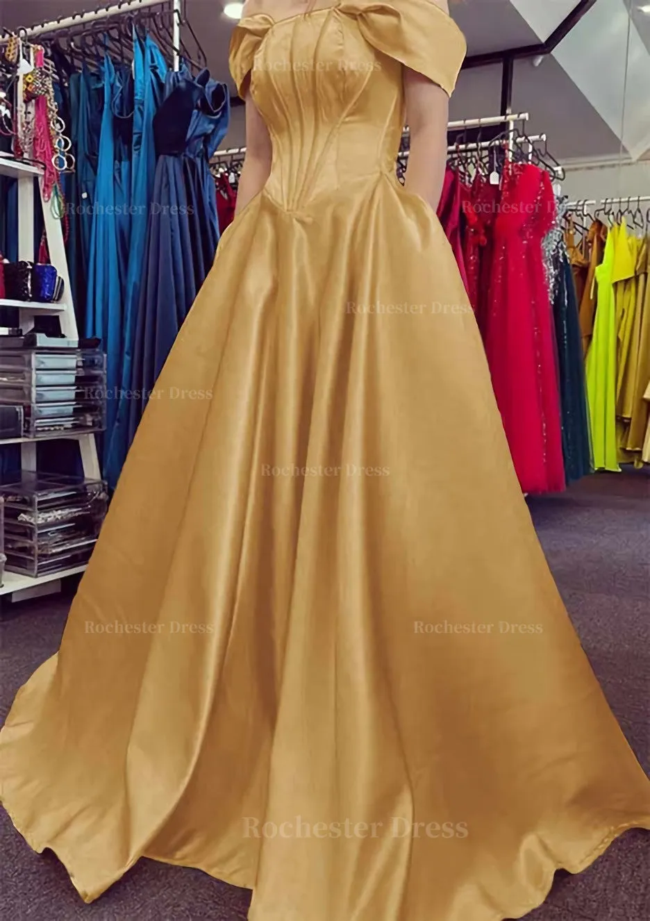 A-line Off-the-Shoulder Strapless Long/Floor-Length Satin Prom Dress With Pleated Pockets