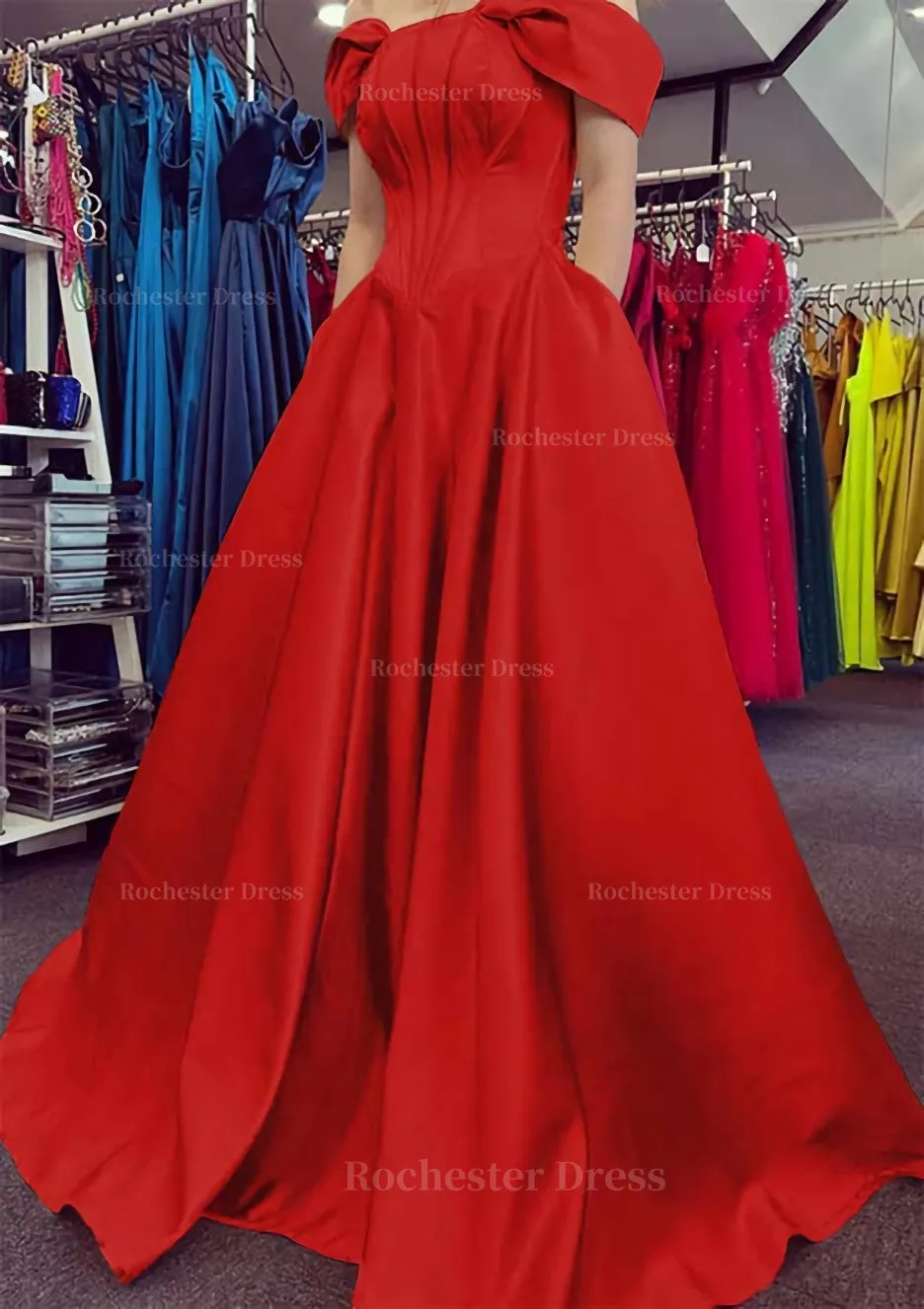 A-line Off-the-Shoulder Strapless Long/Floor-Length Satin Prom Dress With Pleated Pockets