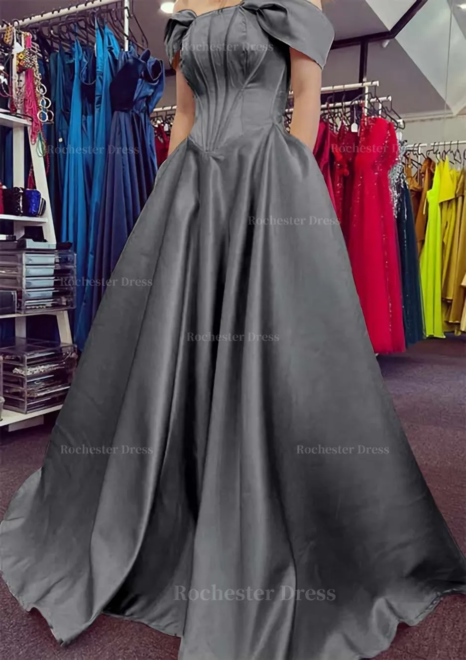 A-line Off-the-Shoulder Strapless Long/Floor-Length Satin Prom Dress With Pleated Pockets