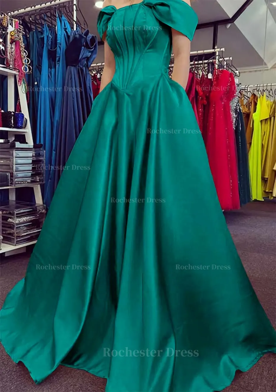 A-line Off-the-Shoulder Strapless Long/Floor-Length Satin Prom Dress With Pleated Pockets