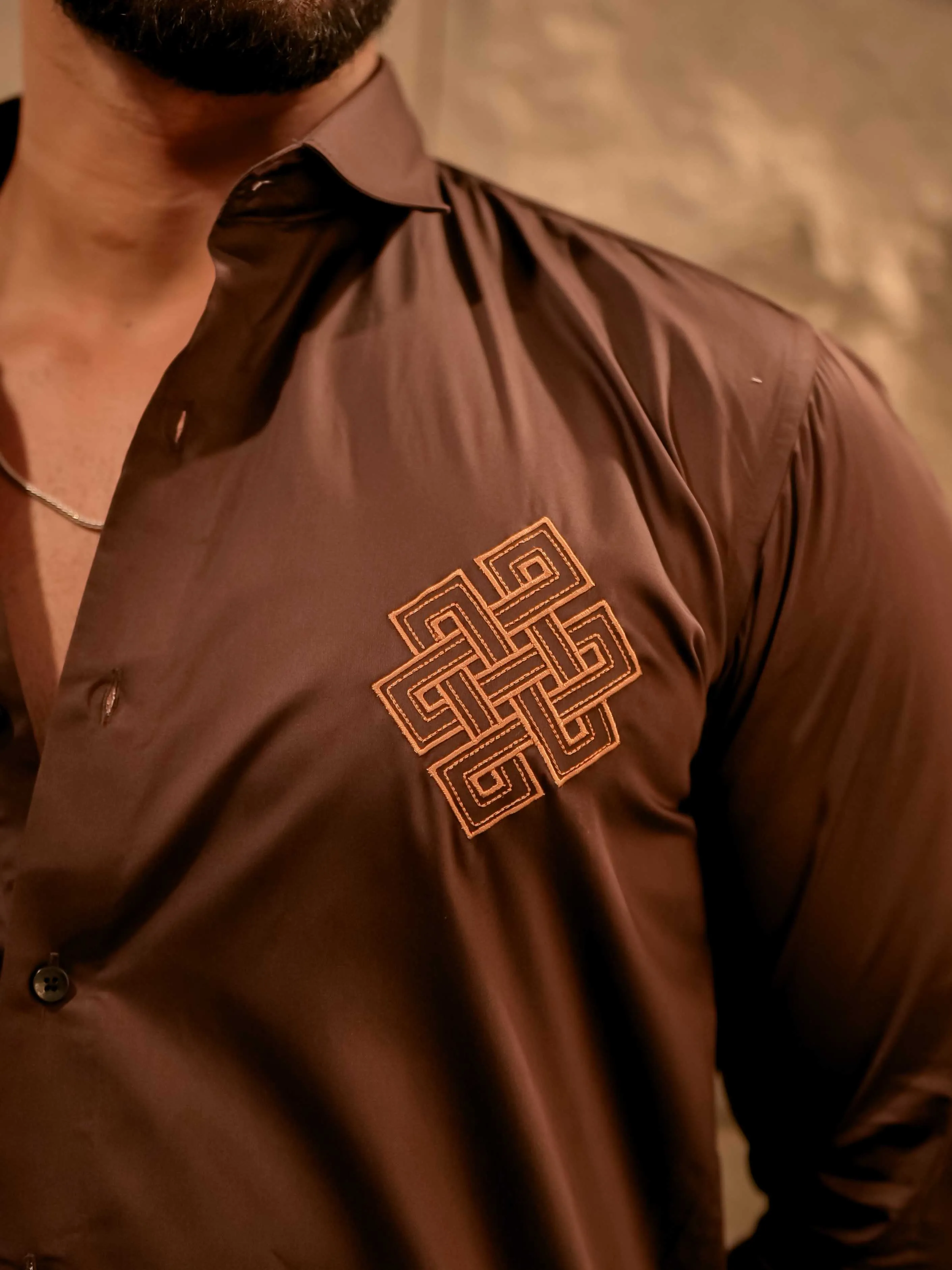 Aesthetic Brown Golden Embroidered Premium Cotton Shirt For Men