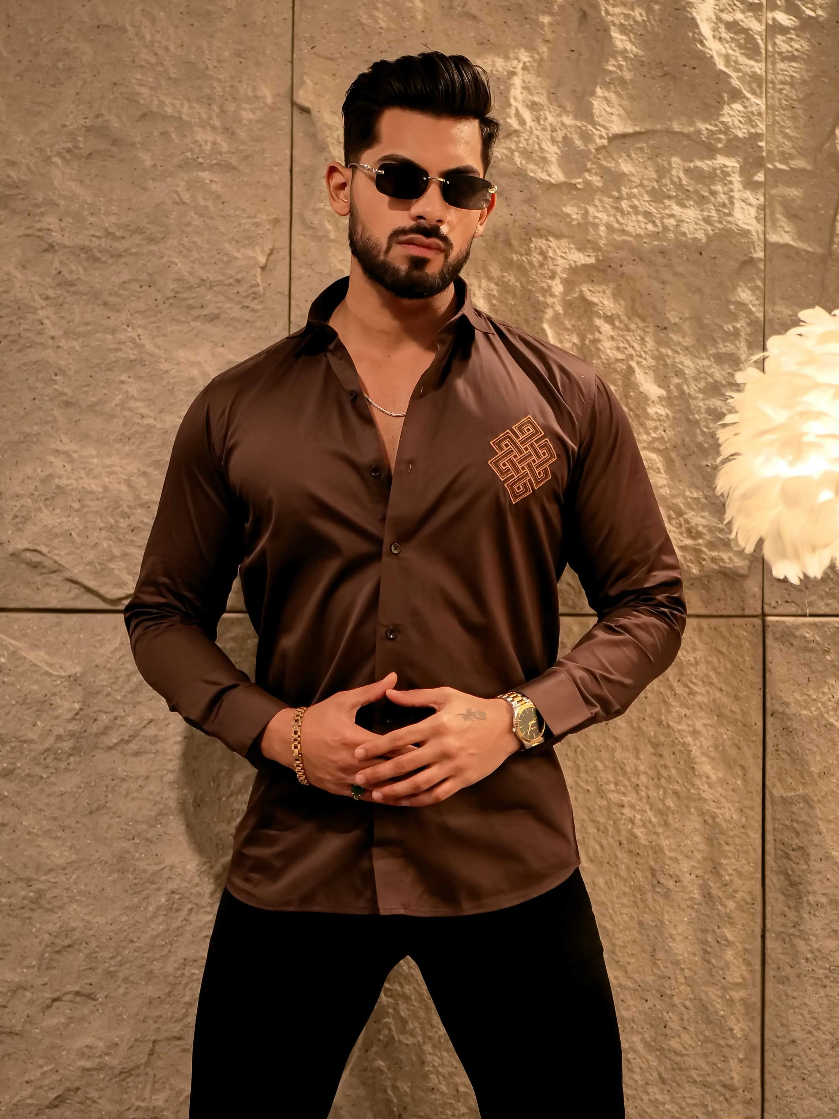 Aesthetic Brown Golden Embroidered Premium Cotton Shirt For Men