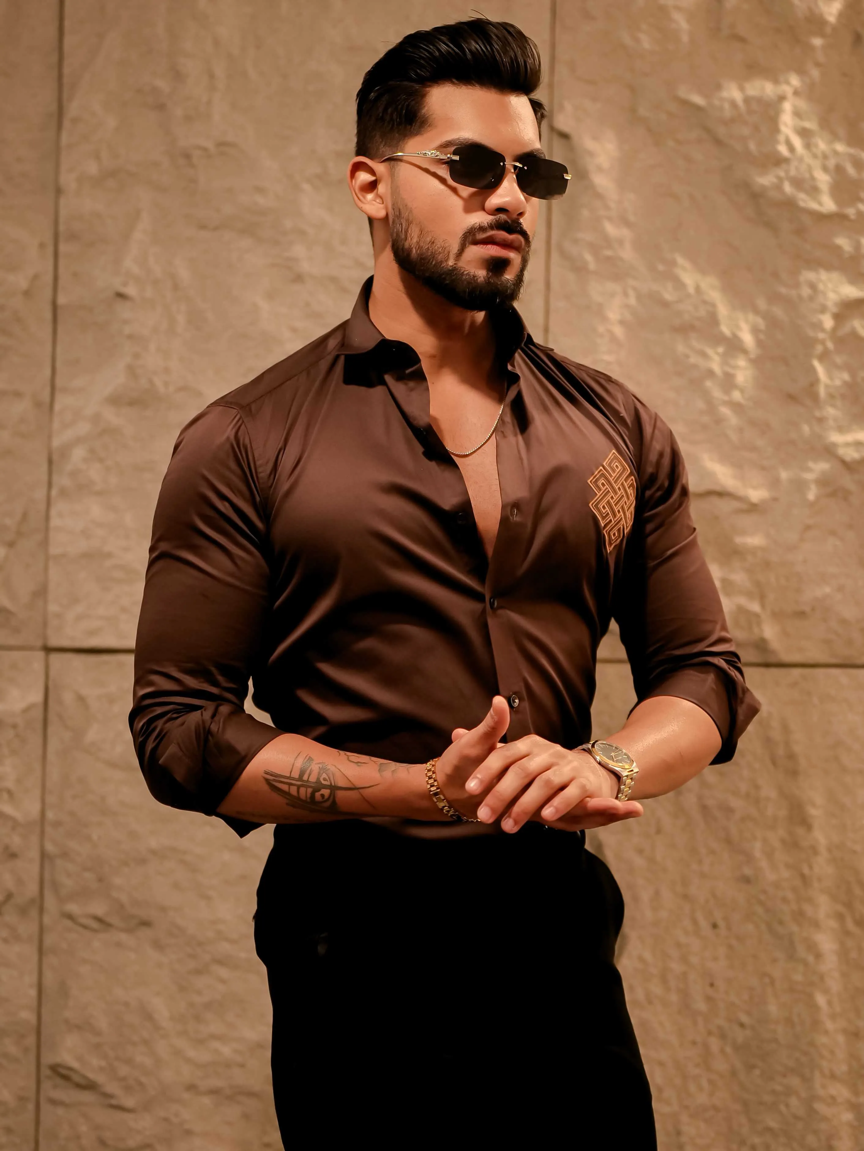 Aesthetic Brown Golden Embroidered Premium Cotton Shirt For Men