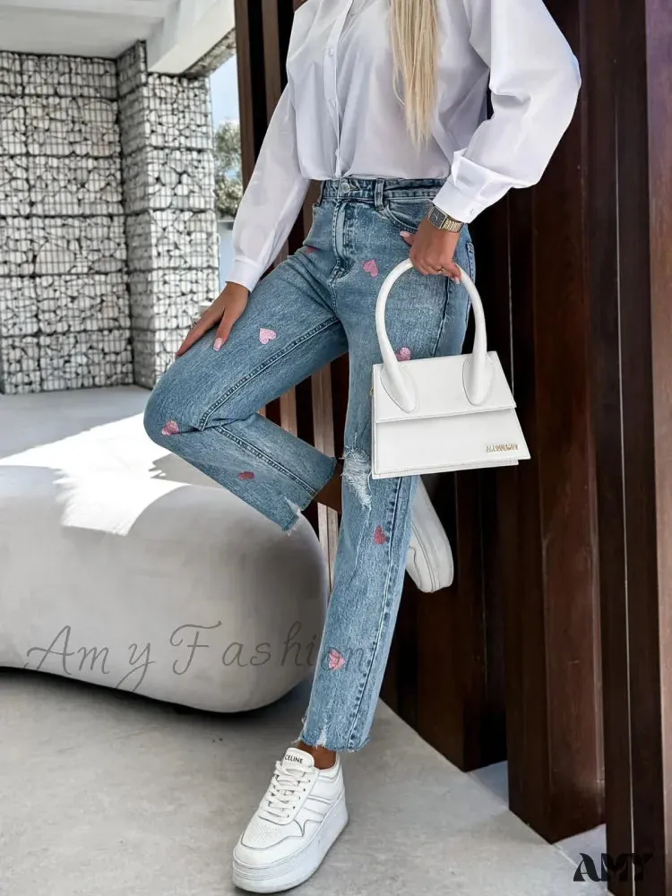 Amy Fashion - 2024 Casual Star Printed Women High Waist Elegant Denim Fashion Ripped Hole Streetwear Jean