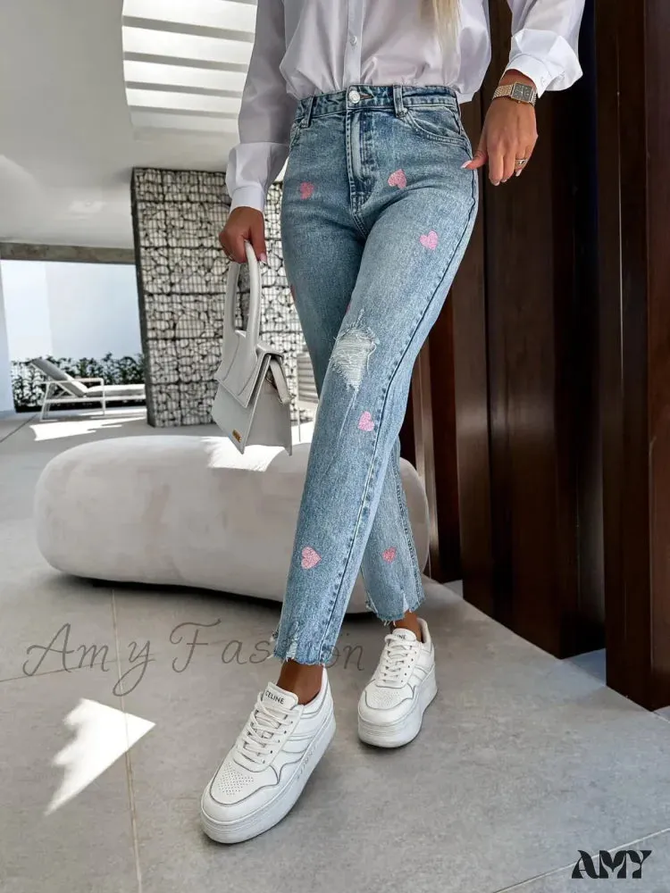 Amy Fashion - 2024 Casual Star Printed Women High Waist Elegant Denim Fashion Ripped Hole Streetwear Jean