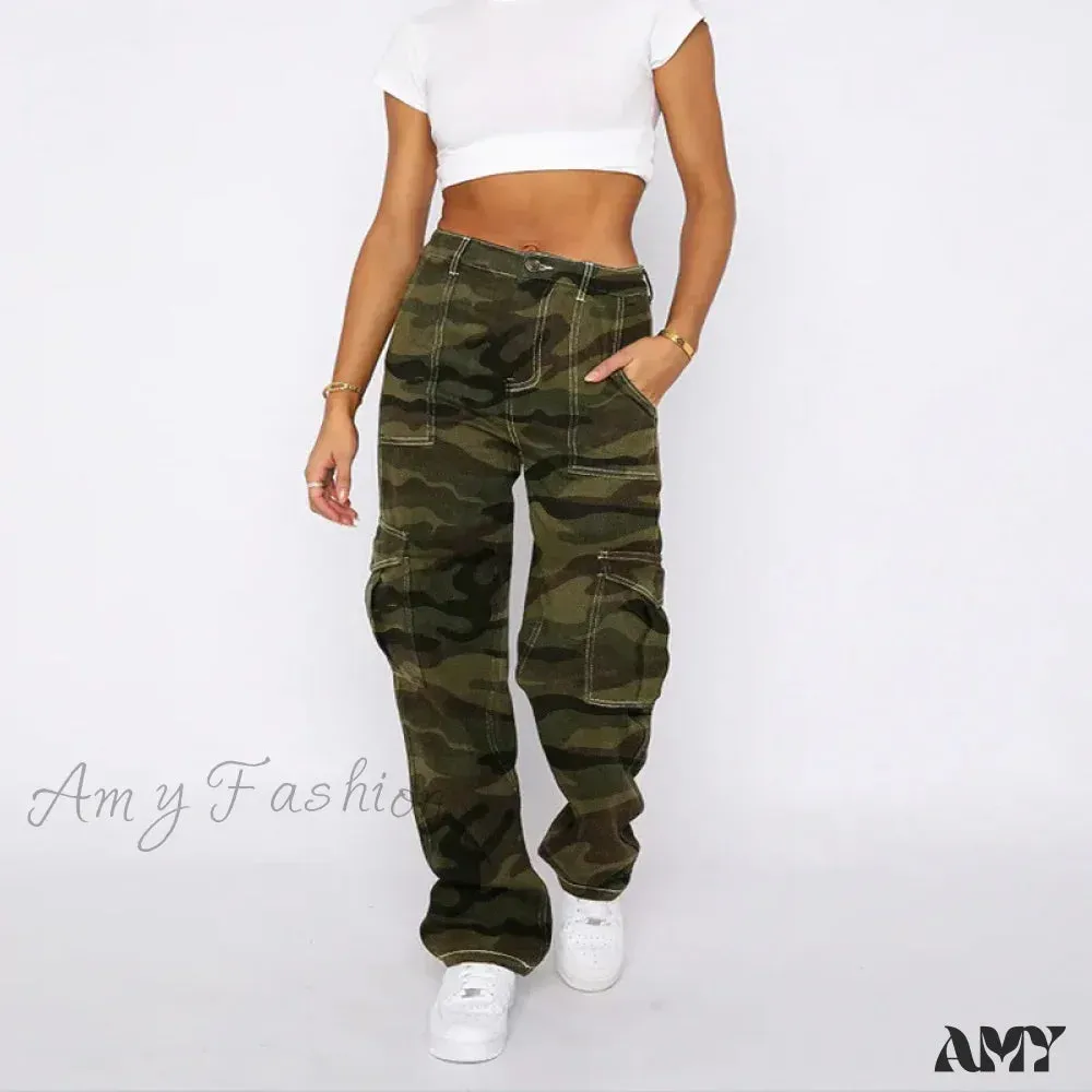 Amy Fashion - Womens Vintage Baggy Cargo Casual Fashion Multiple Pockets Mom Hip Hop Street Style Wide Leg Jean