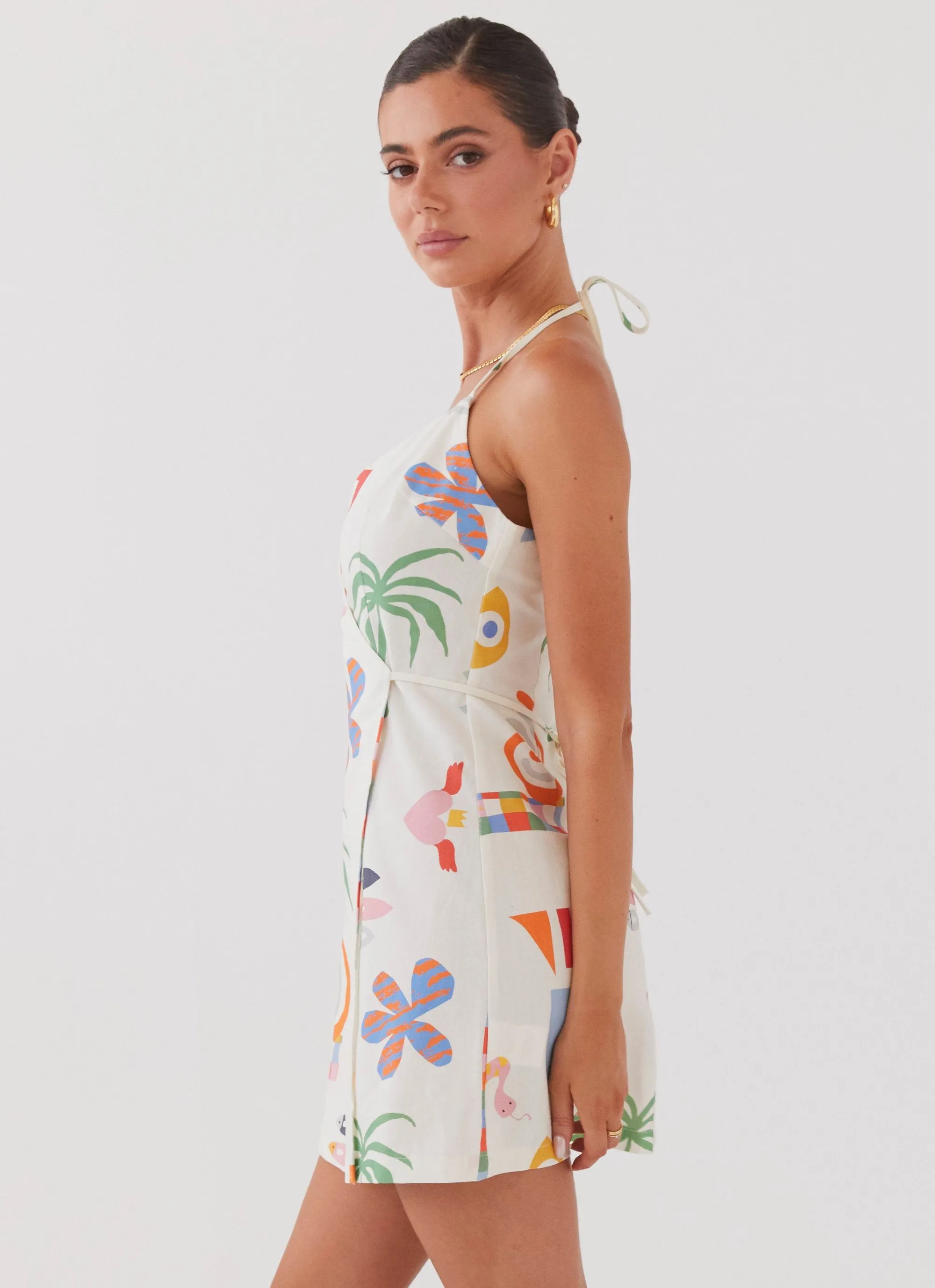 At Last Sunrise Wrap Linen Mini Dress - Summer Palm