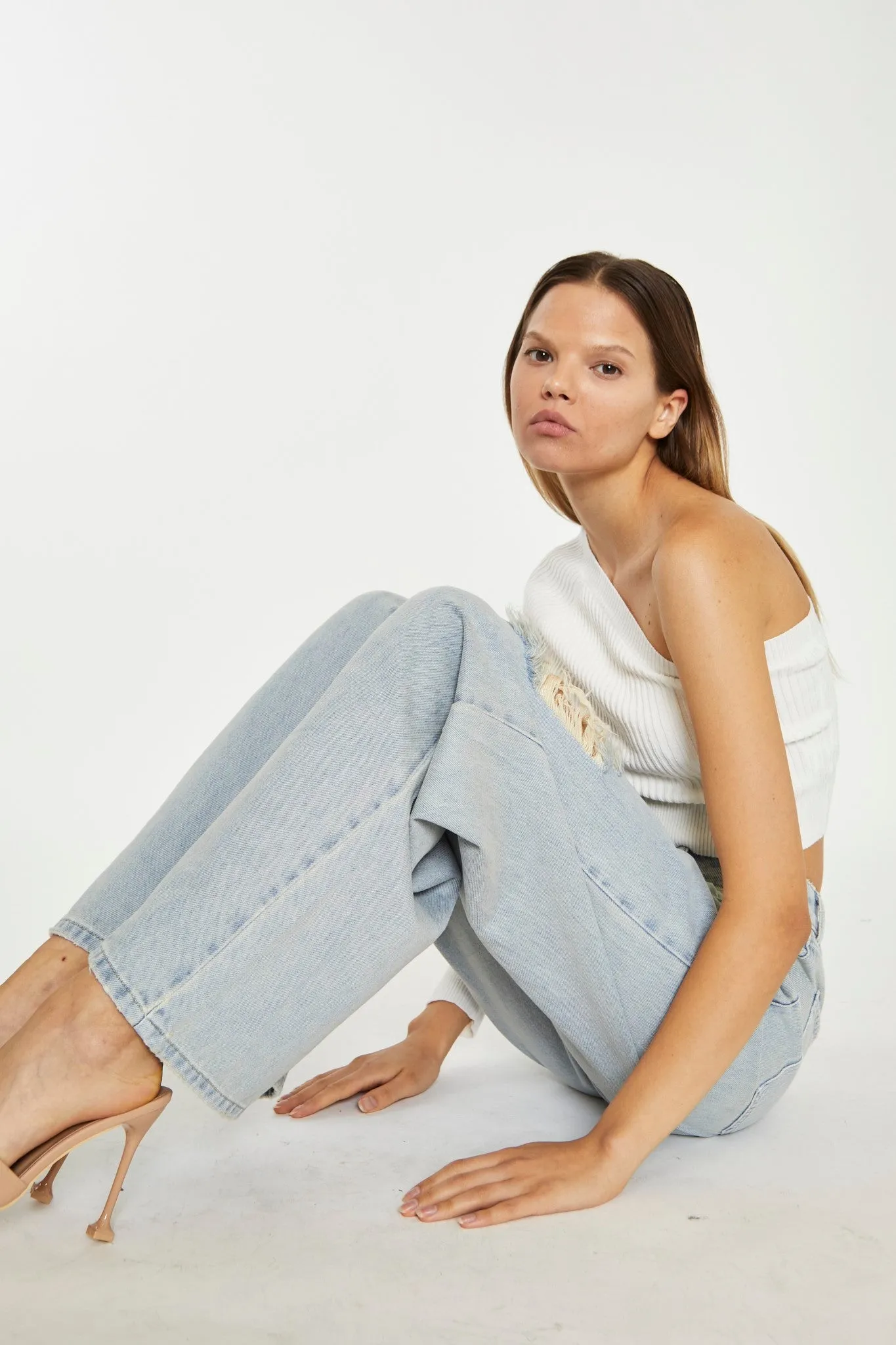 Authentic-Bleach-Wash Distressed Wide Leg Jeans