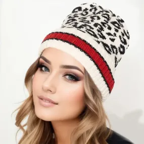 Beanie Hat Acrylic Ivory Leopard Hat for Women