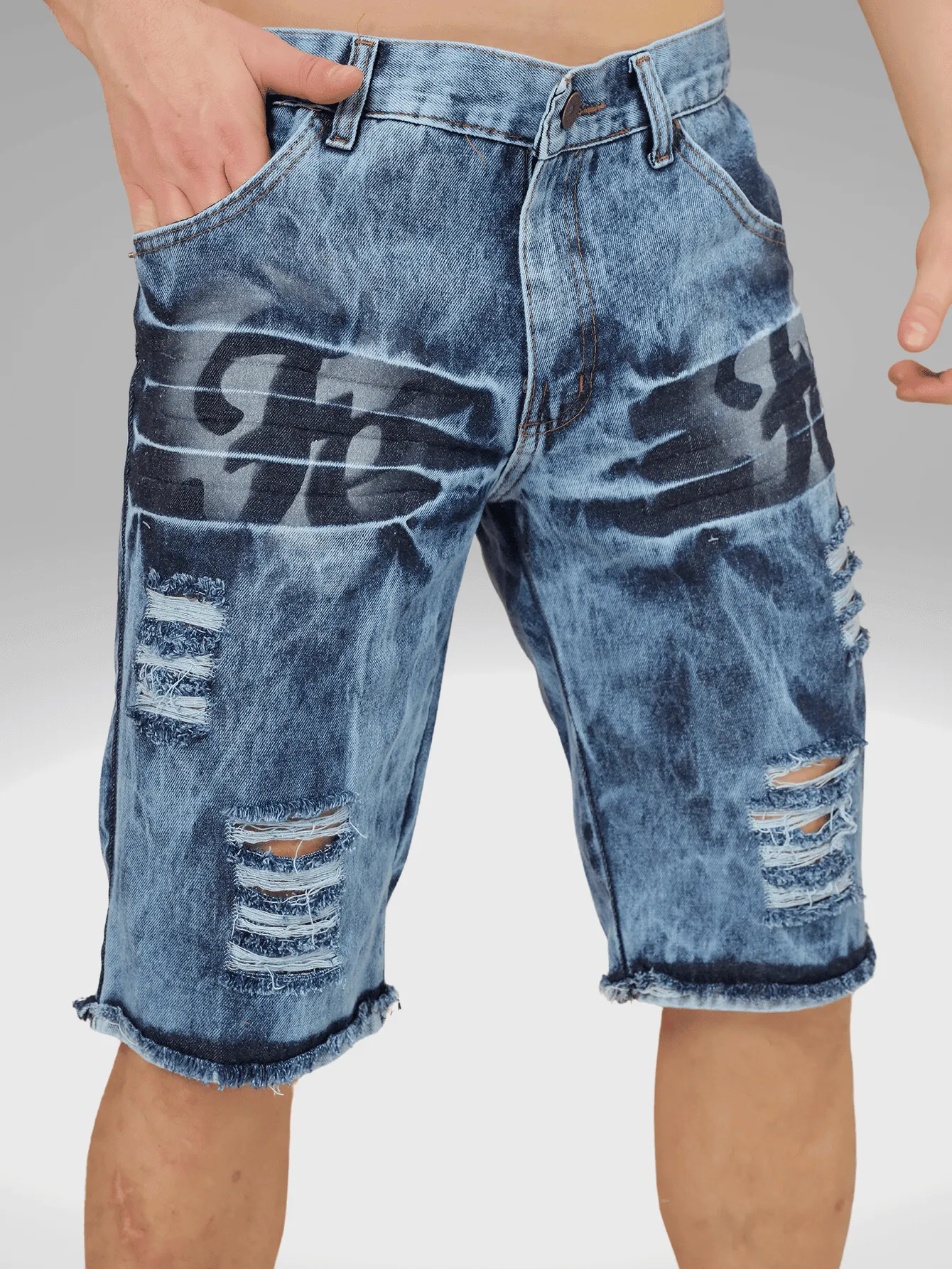 Bermuda Maculina Jeans Destroyed Detalhes Estampa FÉ