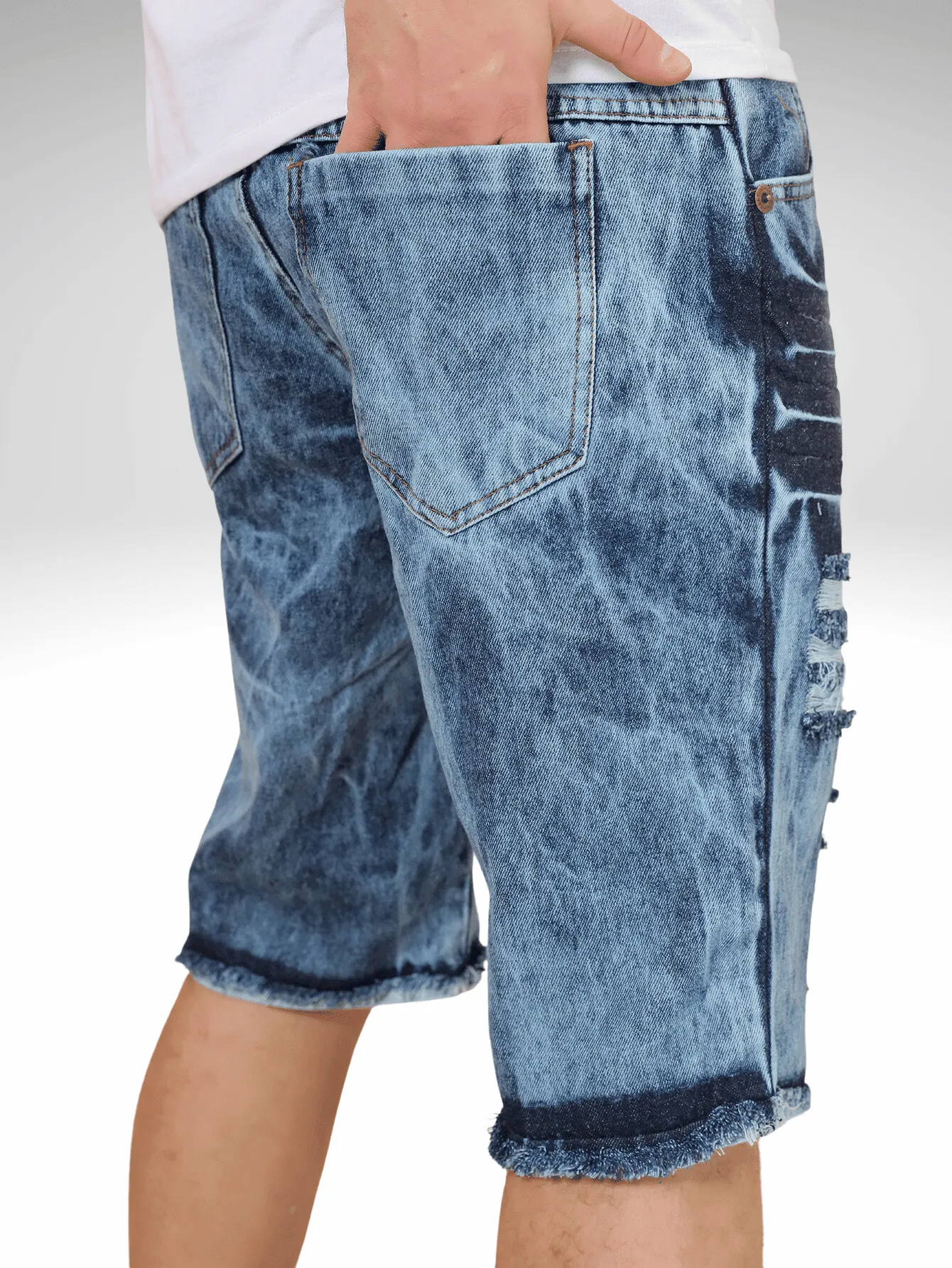 Bermuda Maculina Jeans Destroyed Detalhes Estampa FÉ