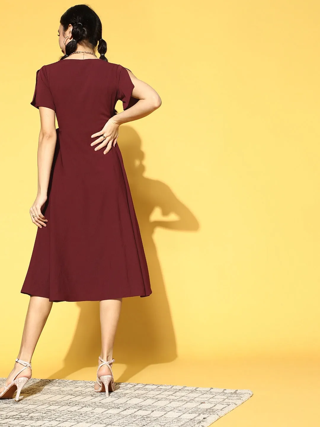 Berrylush Women Solid Maroon V-Neck Slit Sleeve Waist Tie-Up Flared Wrap Midi Dress