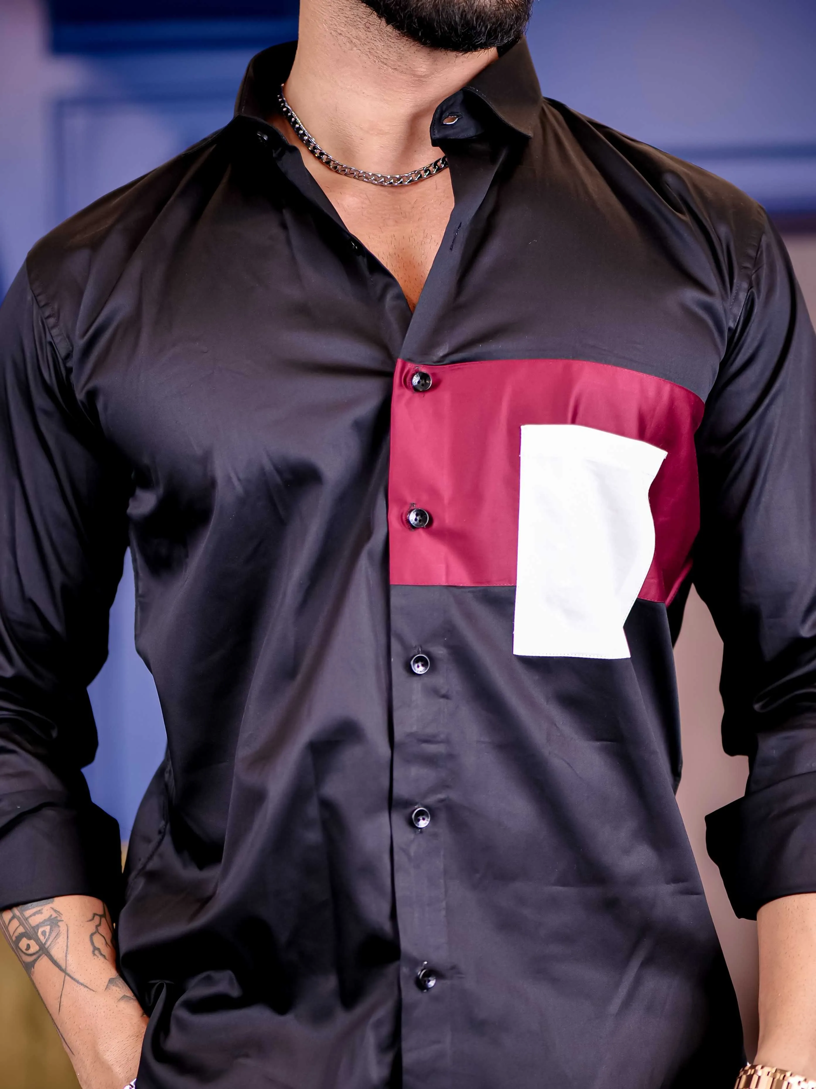 Black and Maroon Cut n sew Premium Cotton Shirt For Men