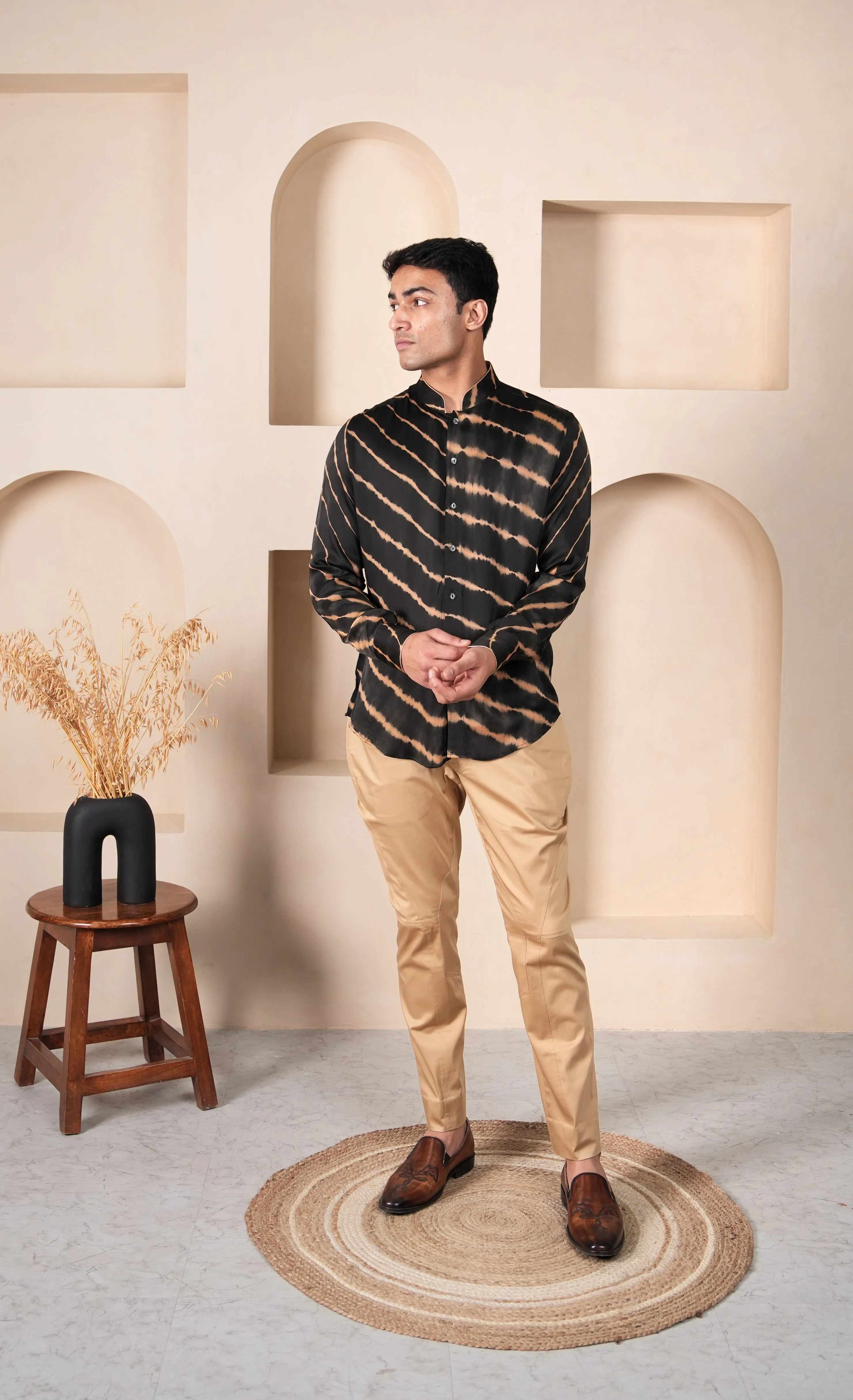 Black Beige Lehriya Silk Shirt