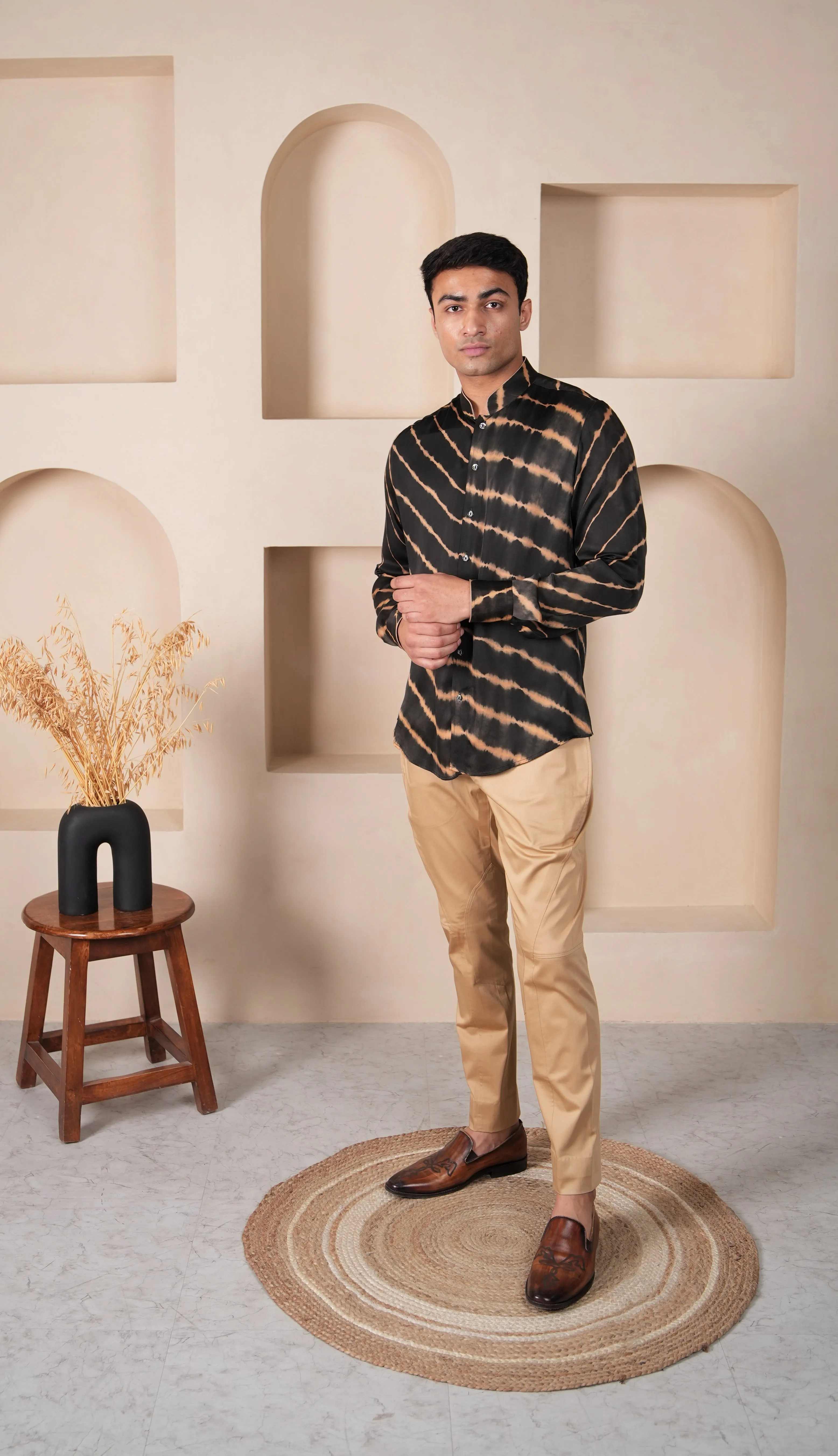 Black Beige Lehriya Silk Shirt