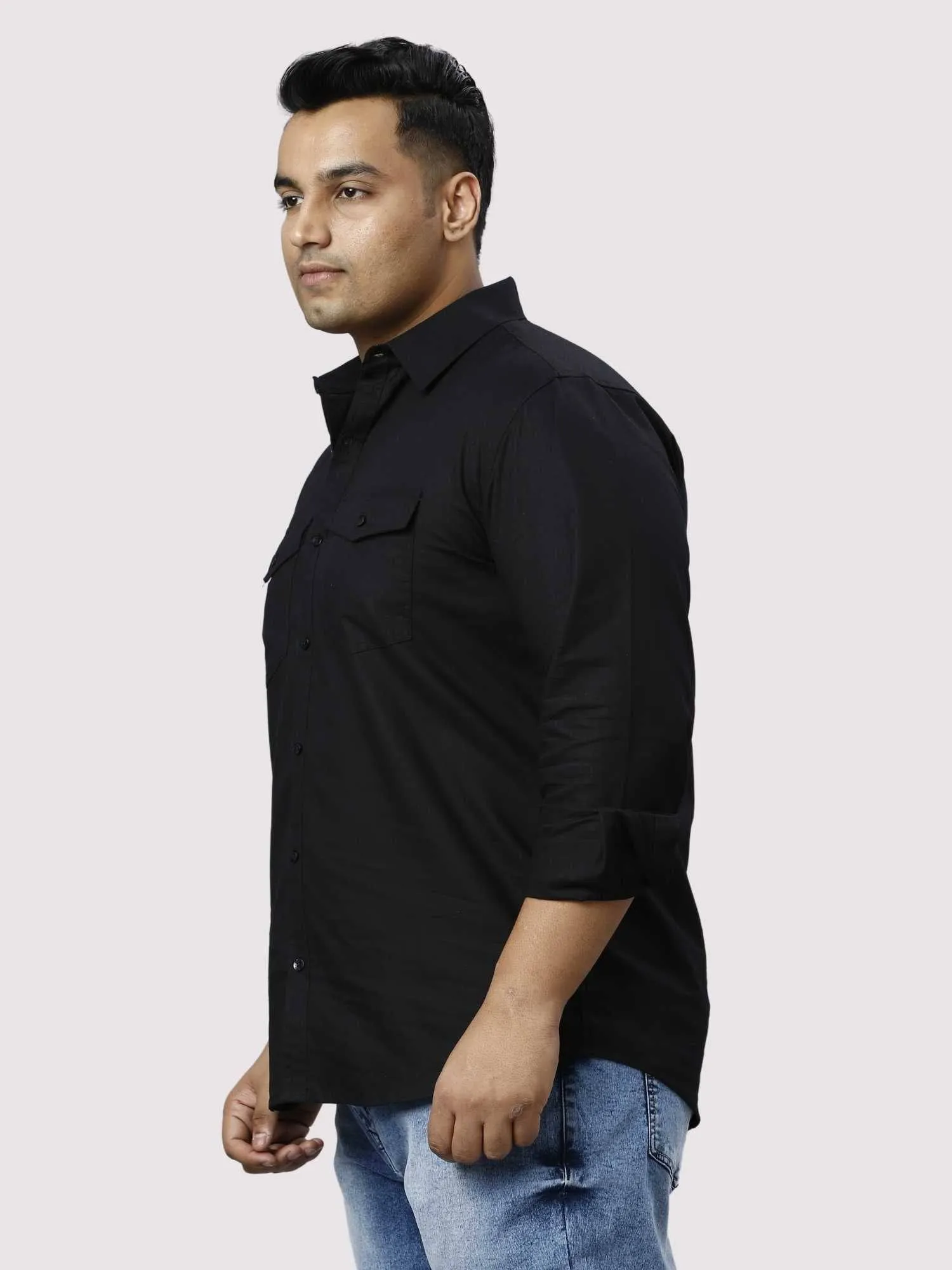 Black Cotton Double Pocket Full Sleeve Shirt Men's Plus Size