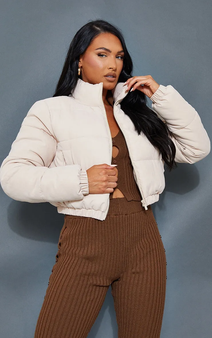 Black Cropped Peach Skin Bubble Puffer Jacket