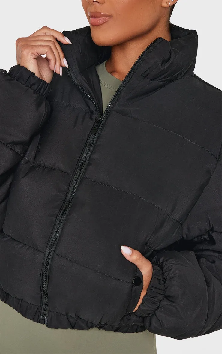 Black Cropped Peach Skin Bubble Puffer Jacket