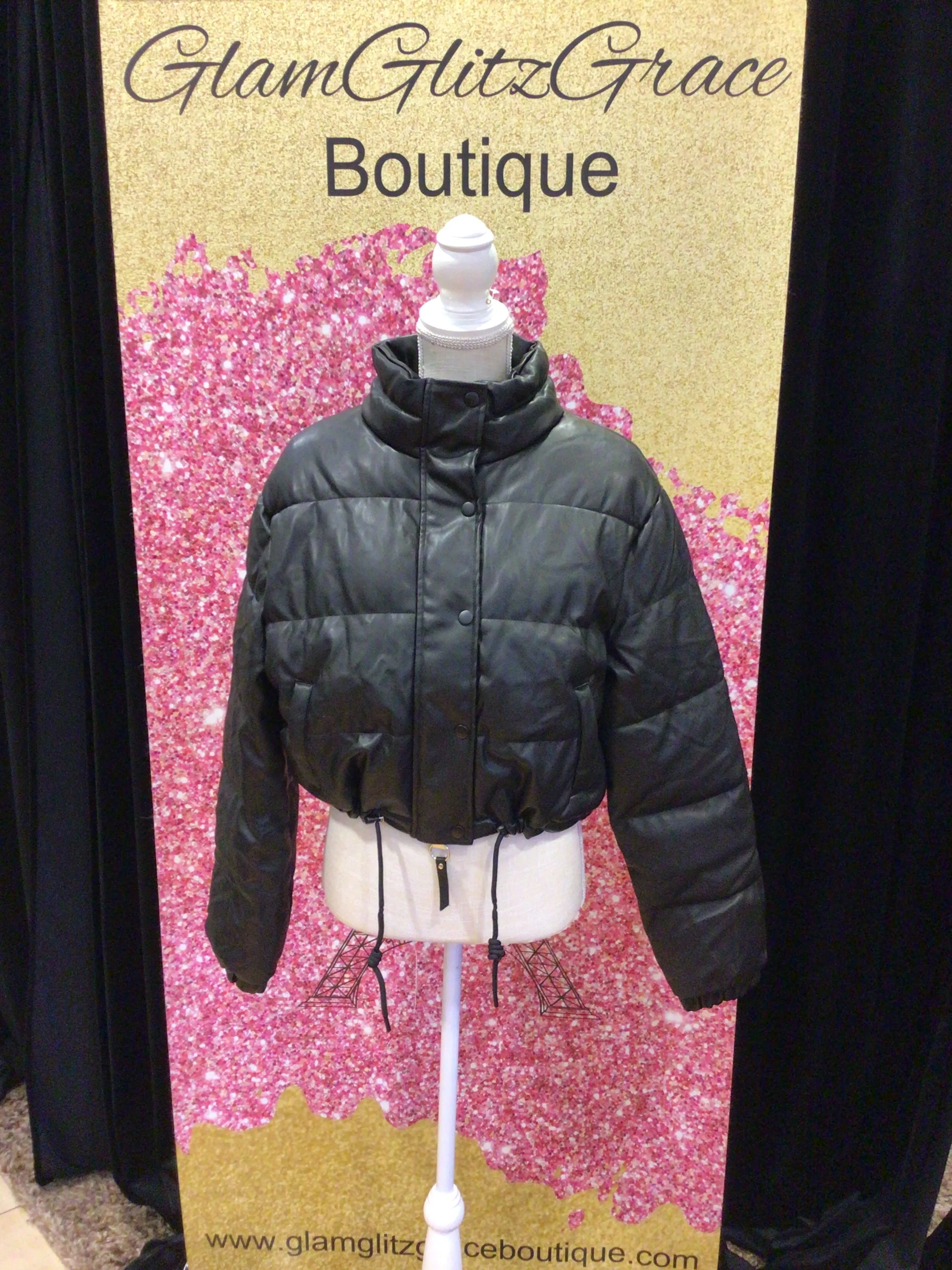 Black Faux Leather Puffer Jacket