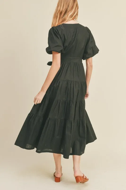 Black Puff Sleeve Tiered Midi Wrap Dress