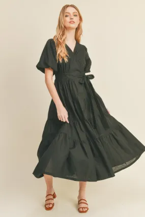 Black Puff Sleeve Tiered Midi Wrap Dress