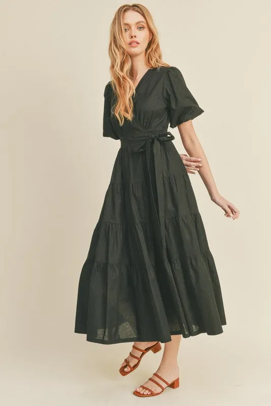 Black Puff Sleeve Tiered Midi Wrap Dress