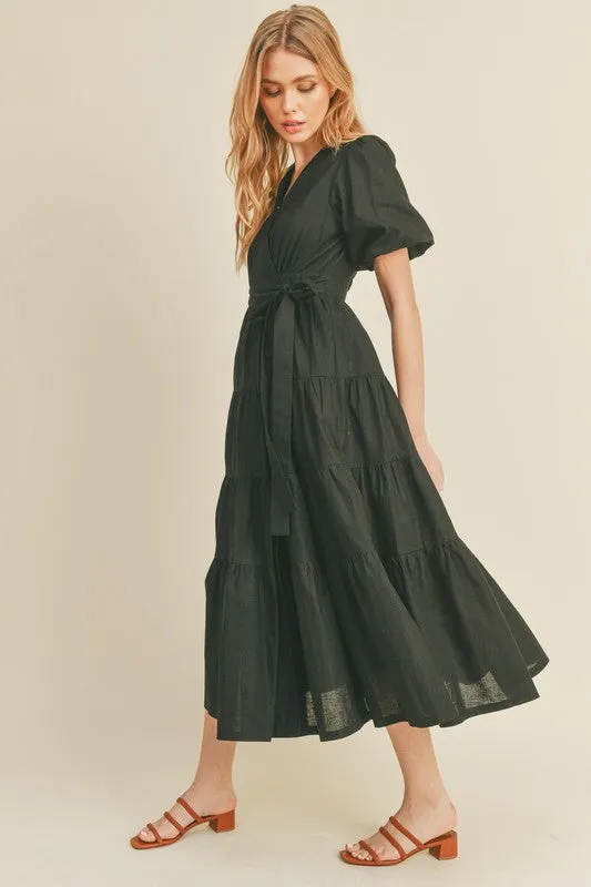 Black Puff Sleeve Tiered Midi Wrap Dress