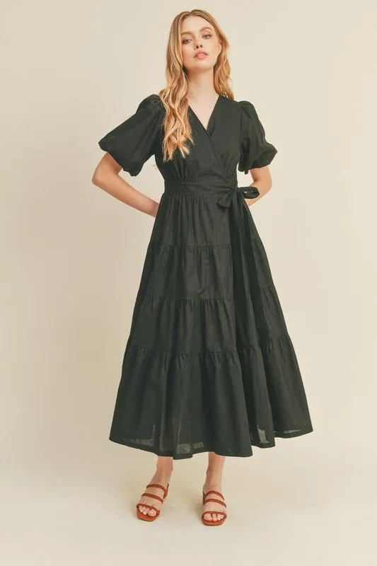 Black Puff Sleeve Tiered Midi Wrap Dress