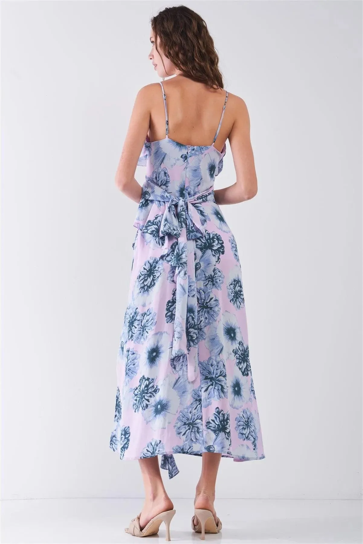 Blue & Pink Floral Print Sleeveless Self-Tie Wide Wrap Front Ruffle Hem Side Slit Detail Midi Dress /3-2-1