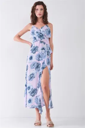 Blue & Pink Floral Print Sleeveless Self-Tie Wide Wrap Front Ruffle Hem Side Slit Detail Midi Dress /3-2-1