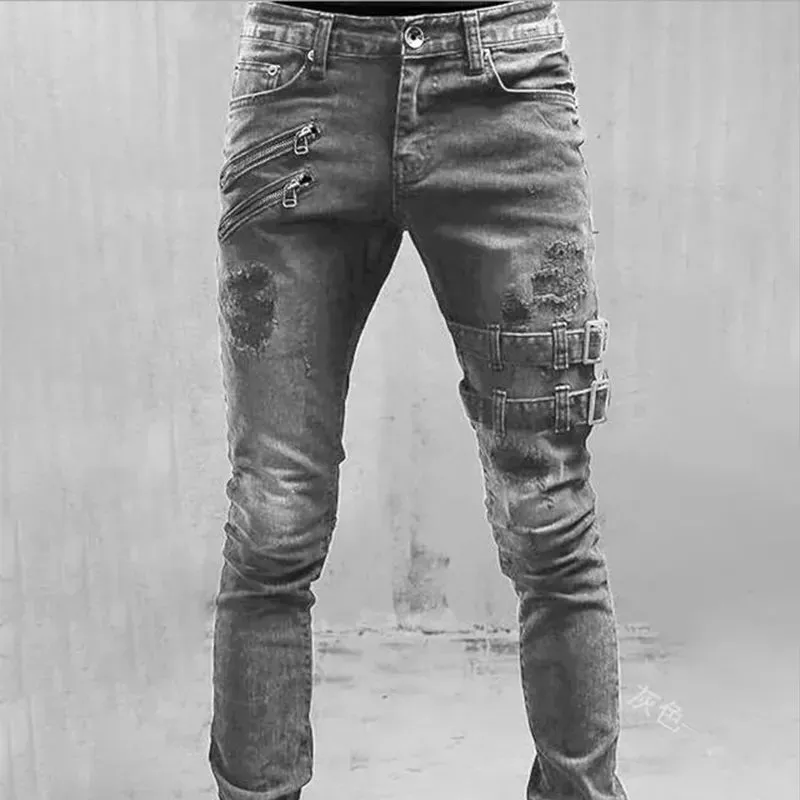 Buckle Zippers Streetwear Skinny Jeans