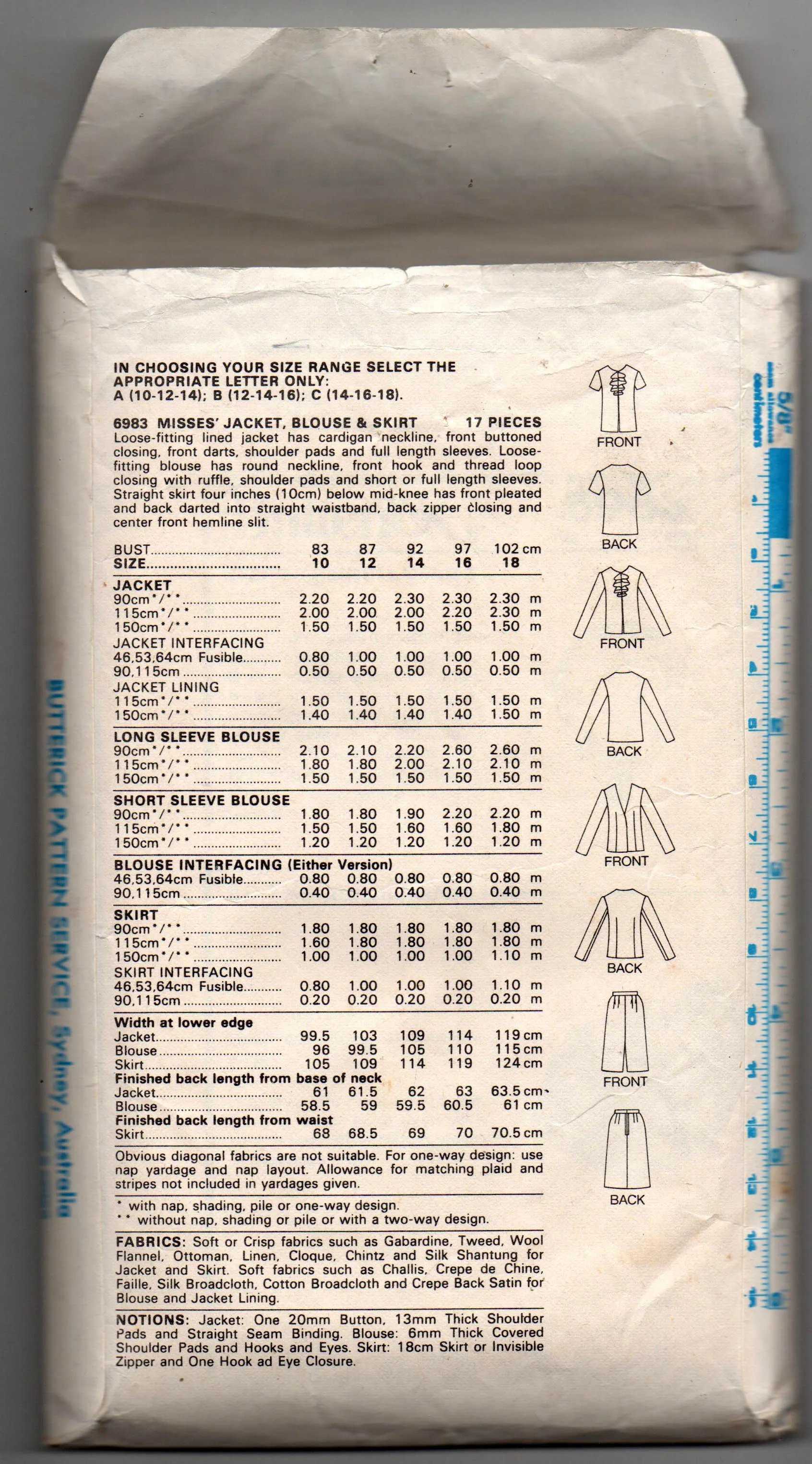 Butterick 6983 Womens Jacket Ruffled Blouse & Skirt 1980s Vintage Sewing Pattern Size 10 - 14