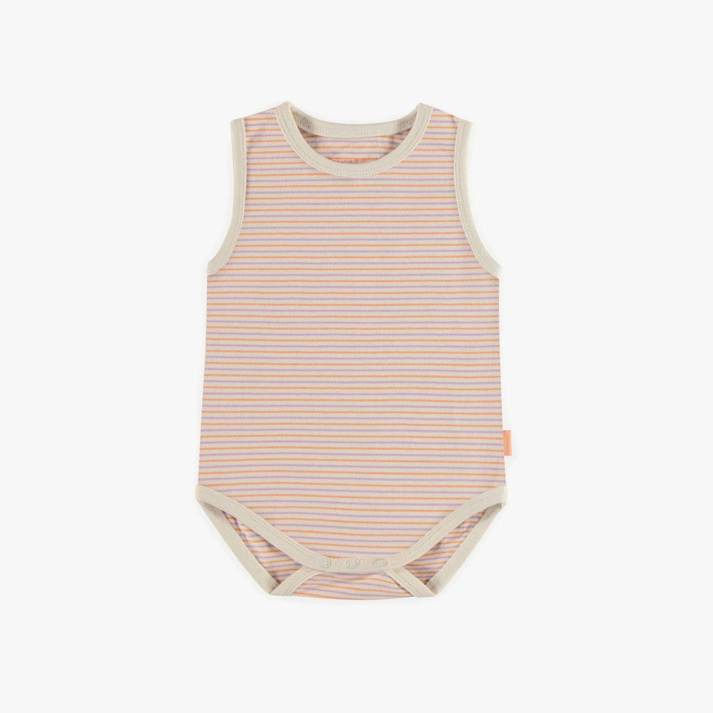 Cache-couche camisole rayé orange et mauve en jersey extensible, bébé || Orange and purple striped bodysuit with straps in stretch jersey, baby