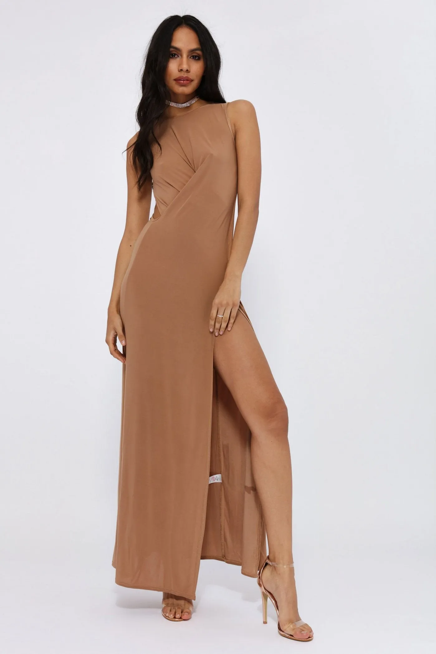 Camel Overlap Wrap Maxi Dress