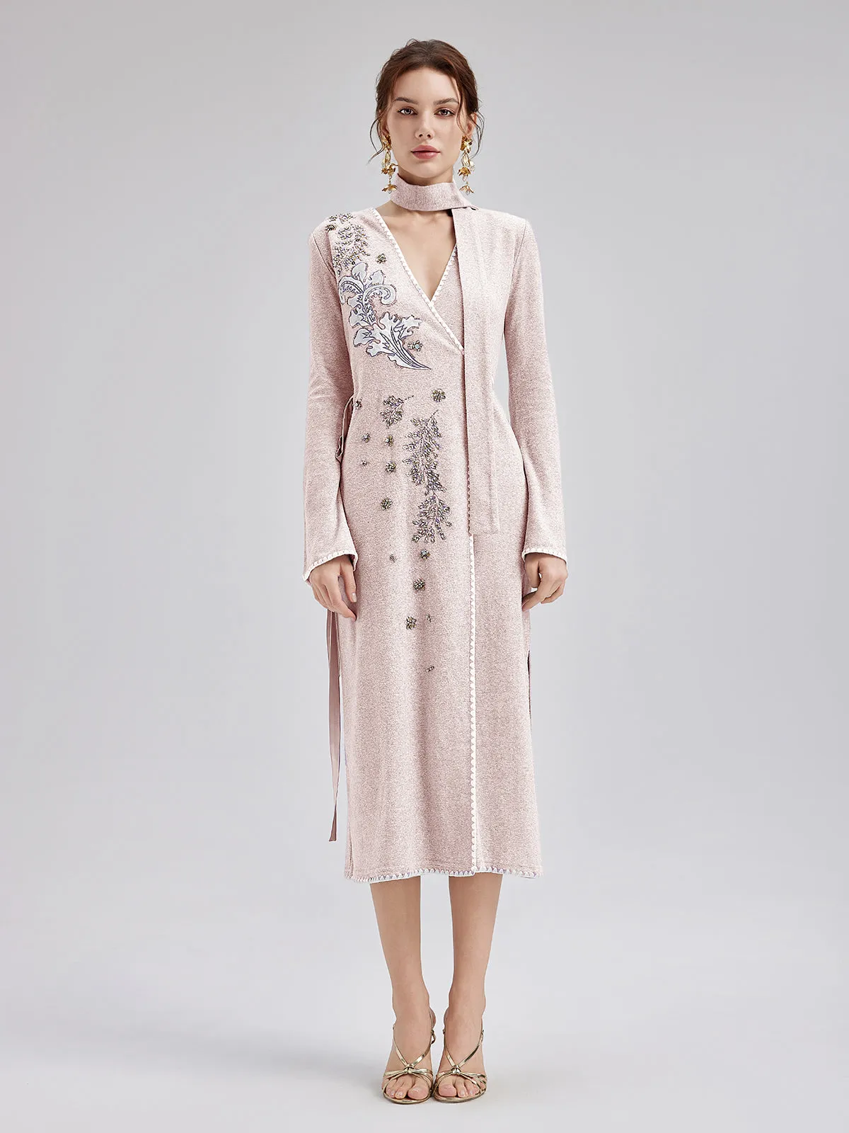 Cashmere Embroidered Sequin Wrap Dress