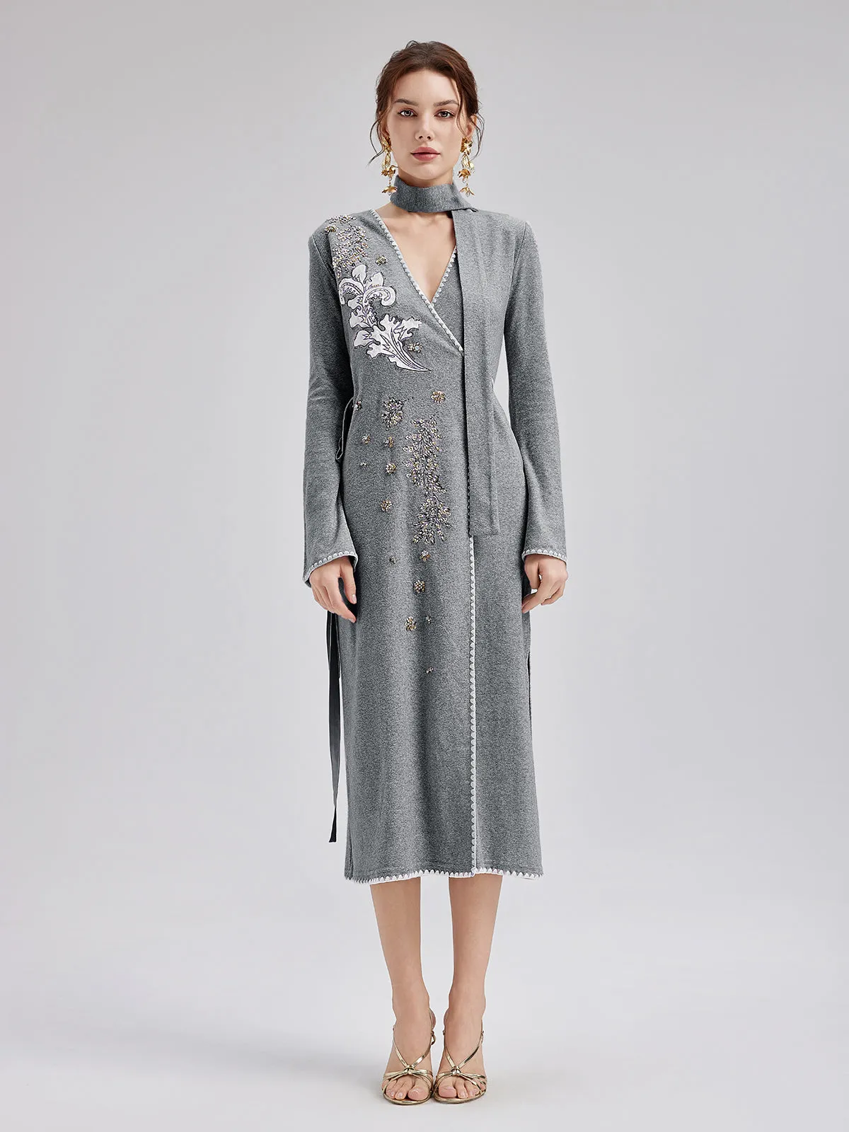 Cashmere Embroidered Sequin Wrap Dress