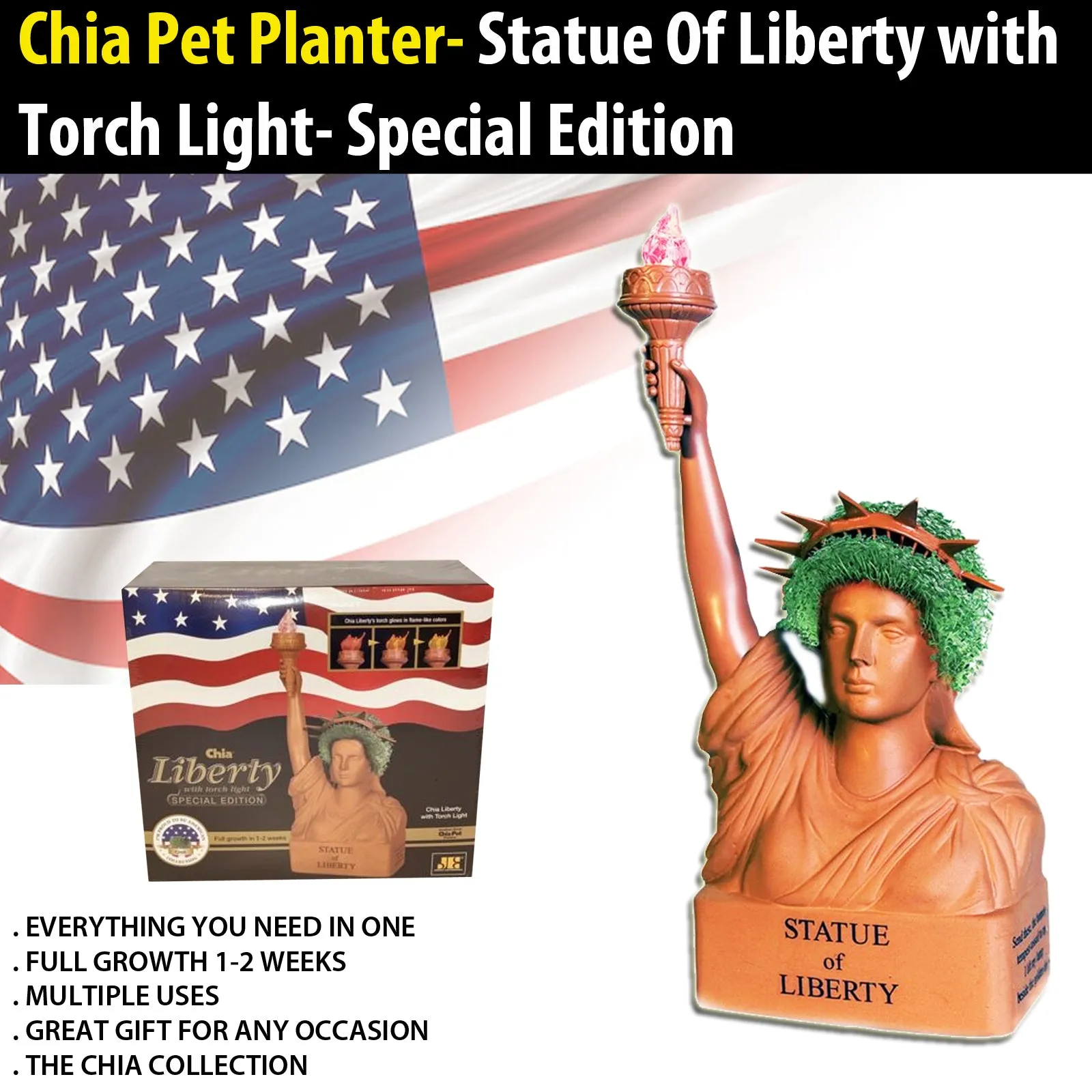 Chia Pet Planter - Statue of Liberty with  Torch Light- Special Edition