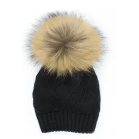 Chunky Knit Black Wool Hat With Brown Pom Pom - Children’s