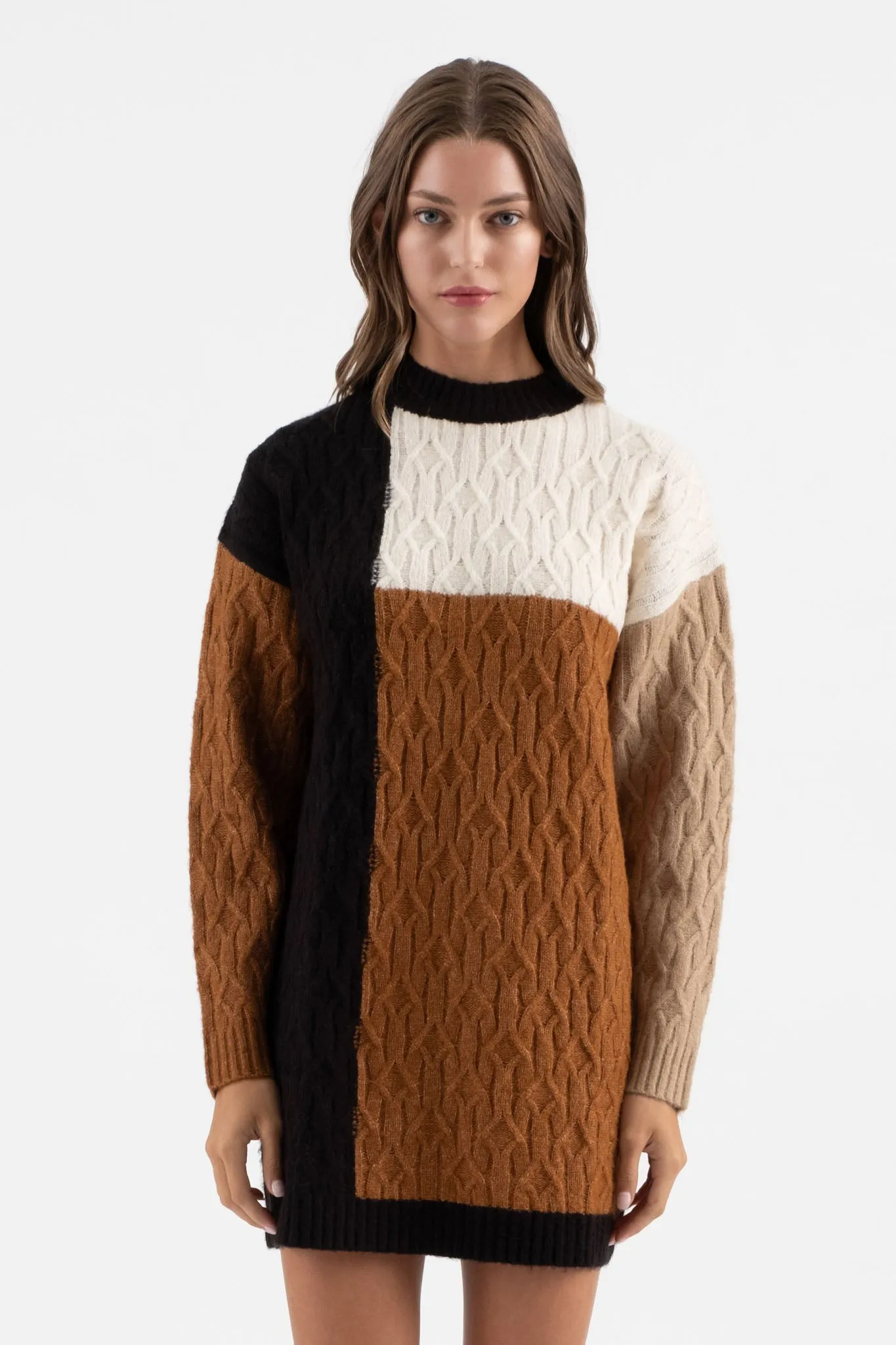 COLORBLOCK CREWNECK LONG SLEEVE KNIT SWEATER DRESS